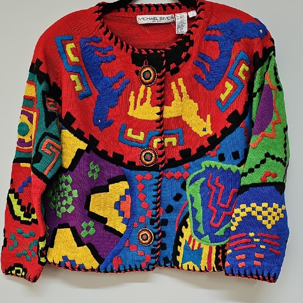 90's Michael Simon Llama Aztec Crewel Multi Color Sweater Crop Cardi Size 2 L/XL